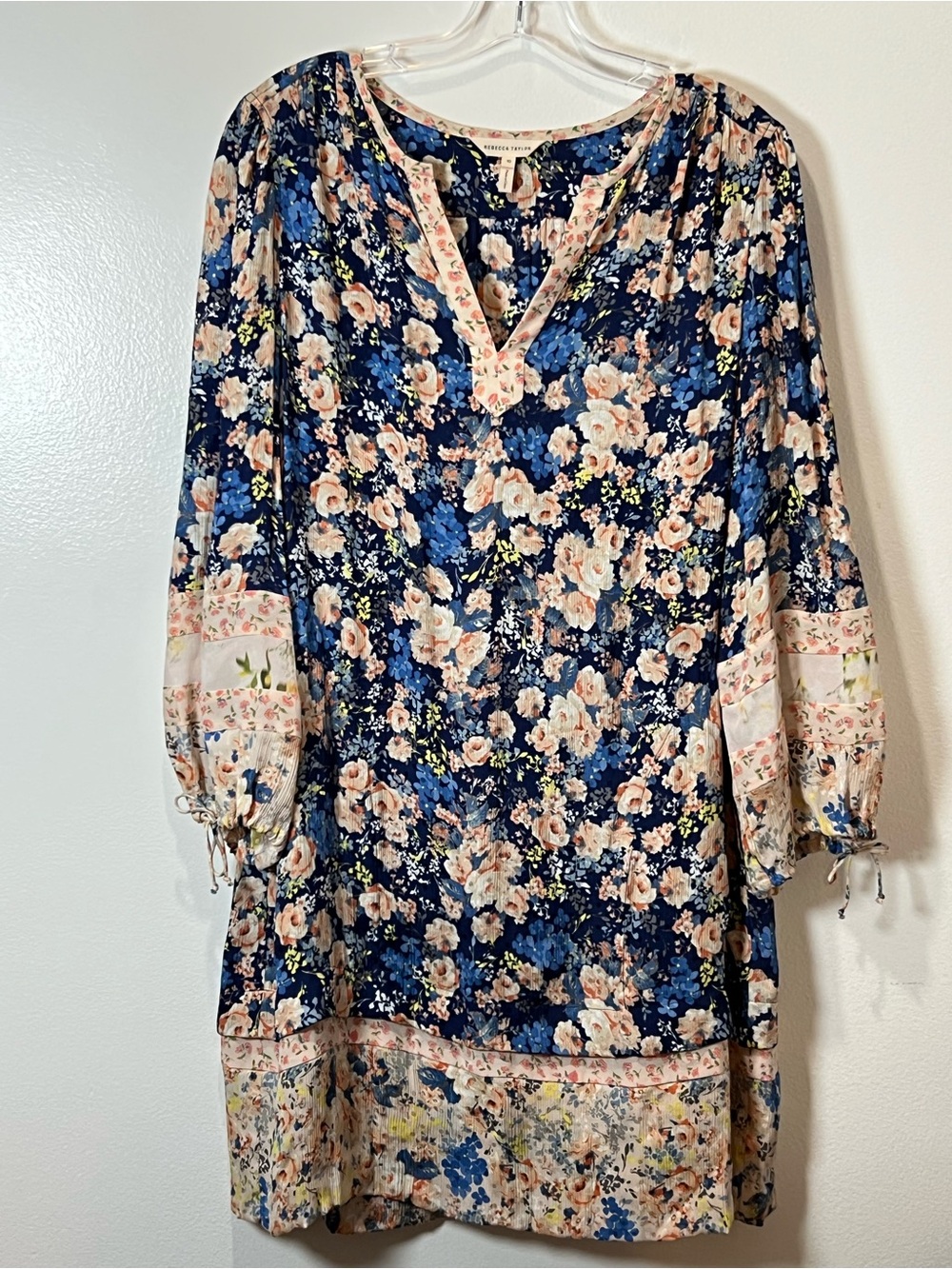 Rebecca Taylor Navy Floral 100% Silk Dress with Coral and Yellow Accents